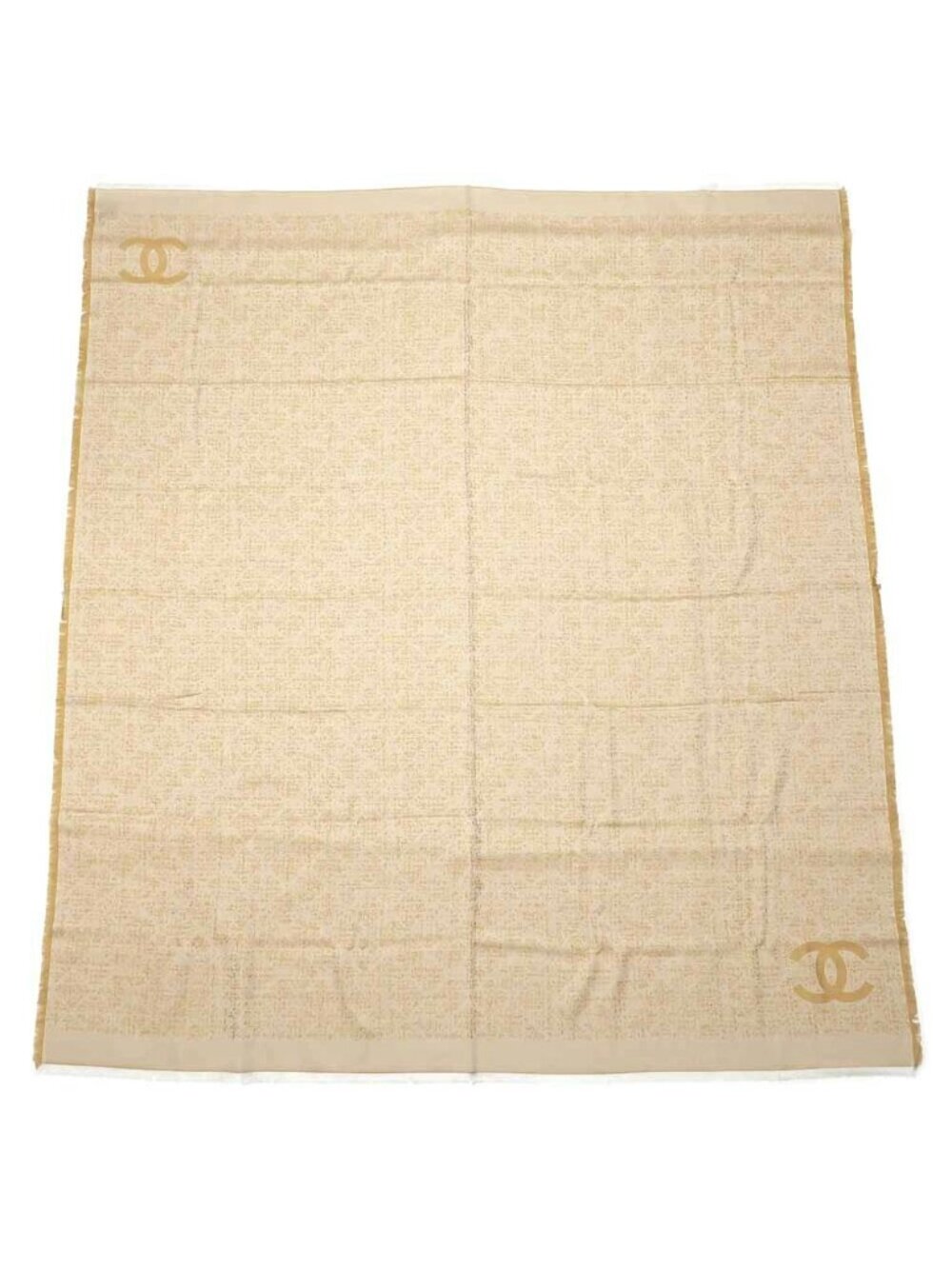 Chanel Large Shawl CC Mark Beige Camel Wool Hair Fringe Scarf